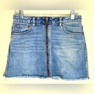 We The Free Denim Mini Skirt Zipper Front Raw Hem Blue Medium Wash